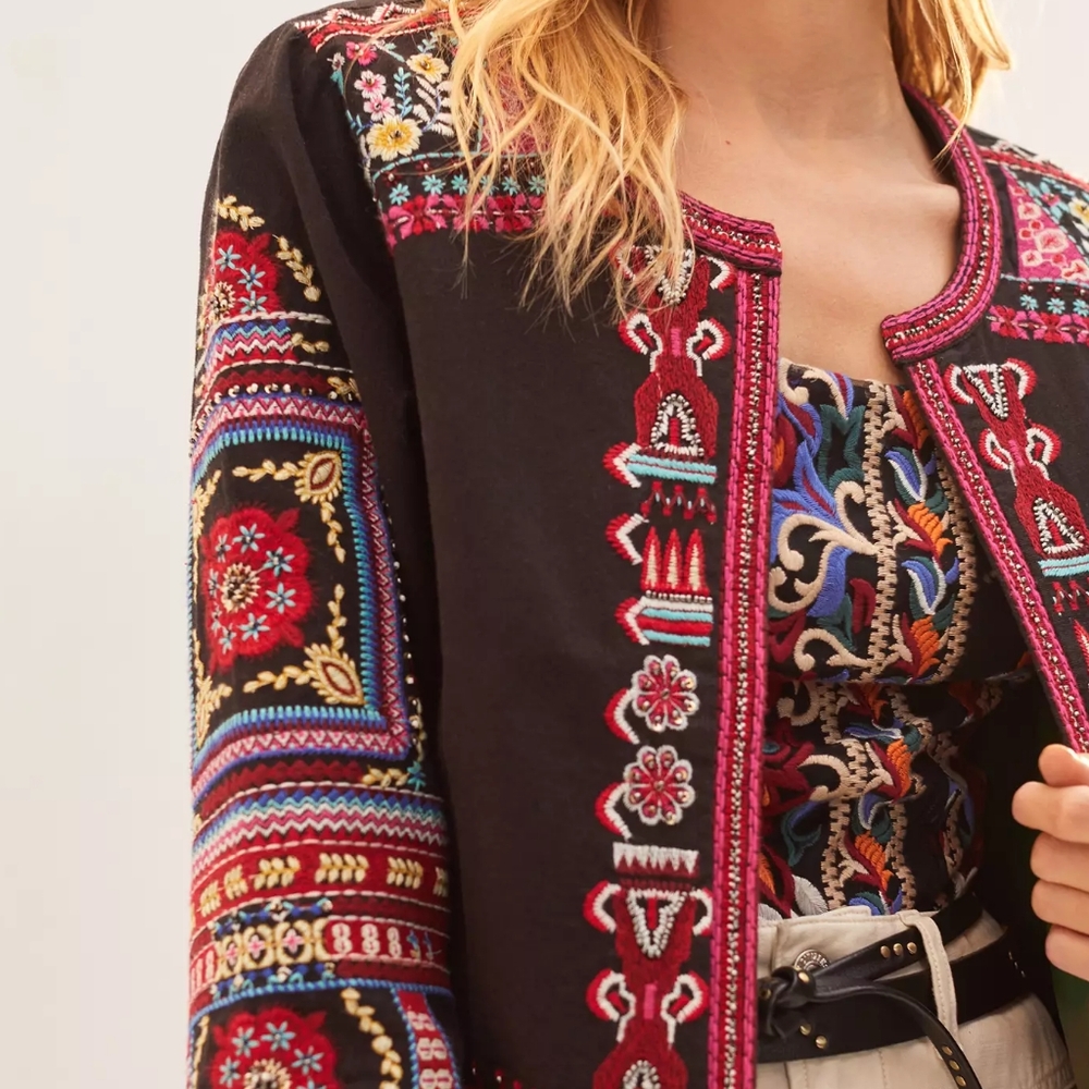 Anthropologie NWT $180 Abstract Colorful Embroidered Floral Cotton Boho Jacket S - Picture 10 of 11